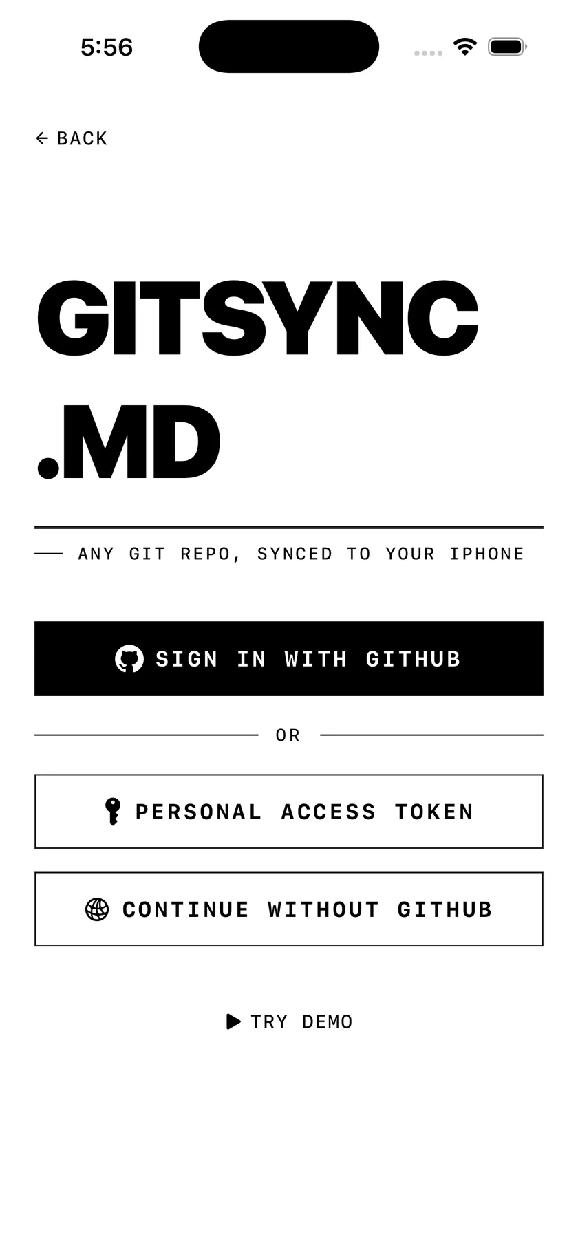 GitSync.md sign-in screen with Sign in with GitHub highlighted.