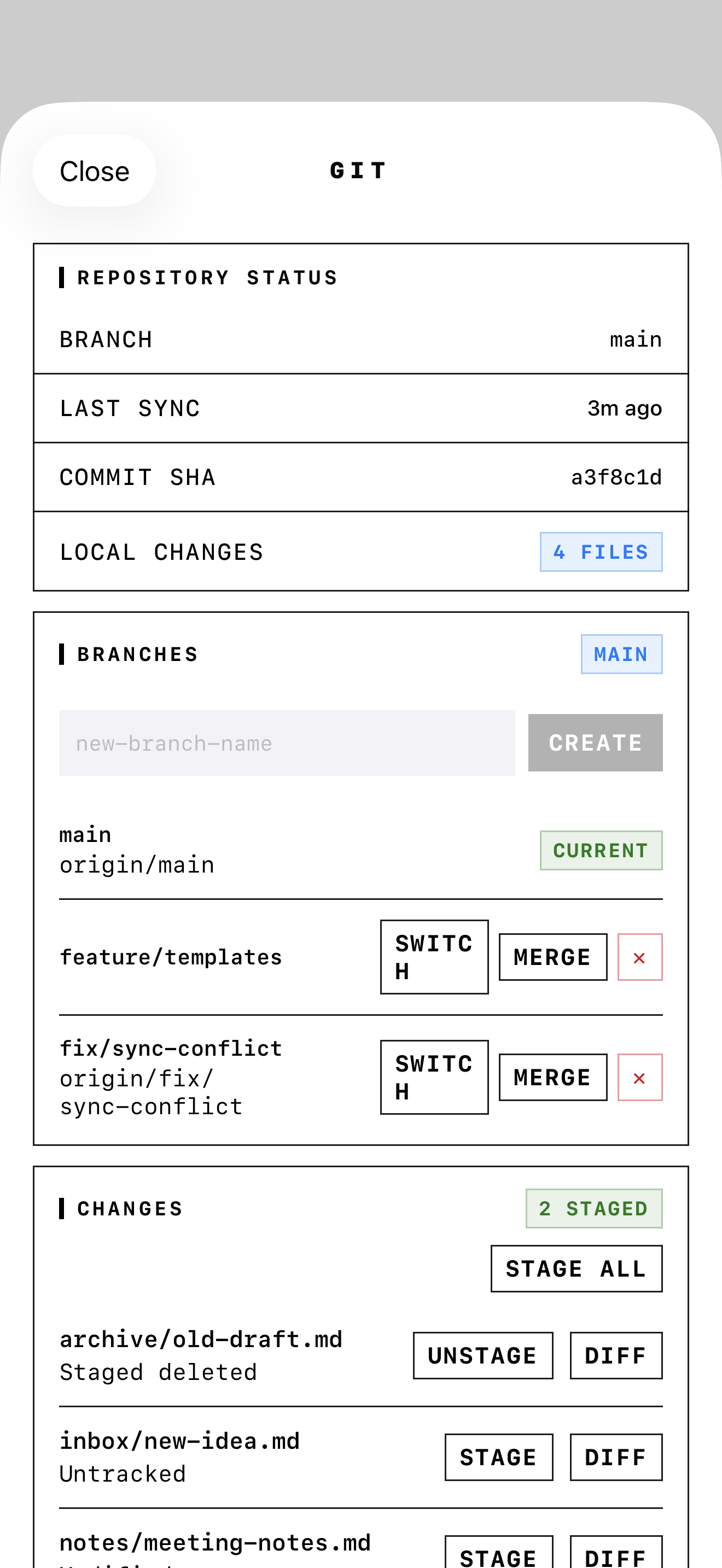 GitSync.md Git control sheet with repository status, branches, staged changes, stash, and tags