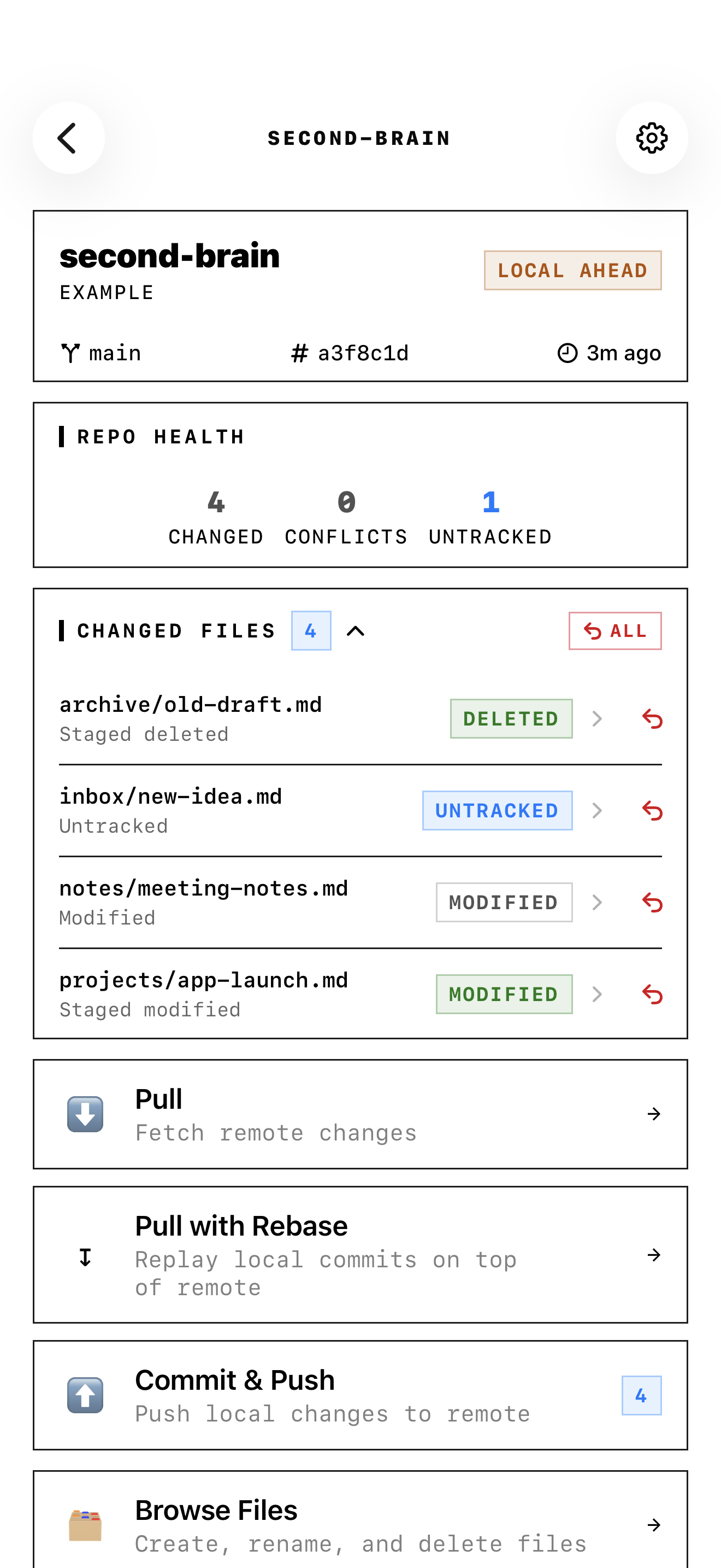 GitSync.md vault view with branch, commit, changed files, pull and commit actions
