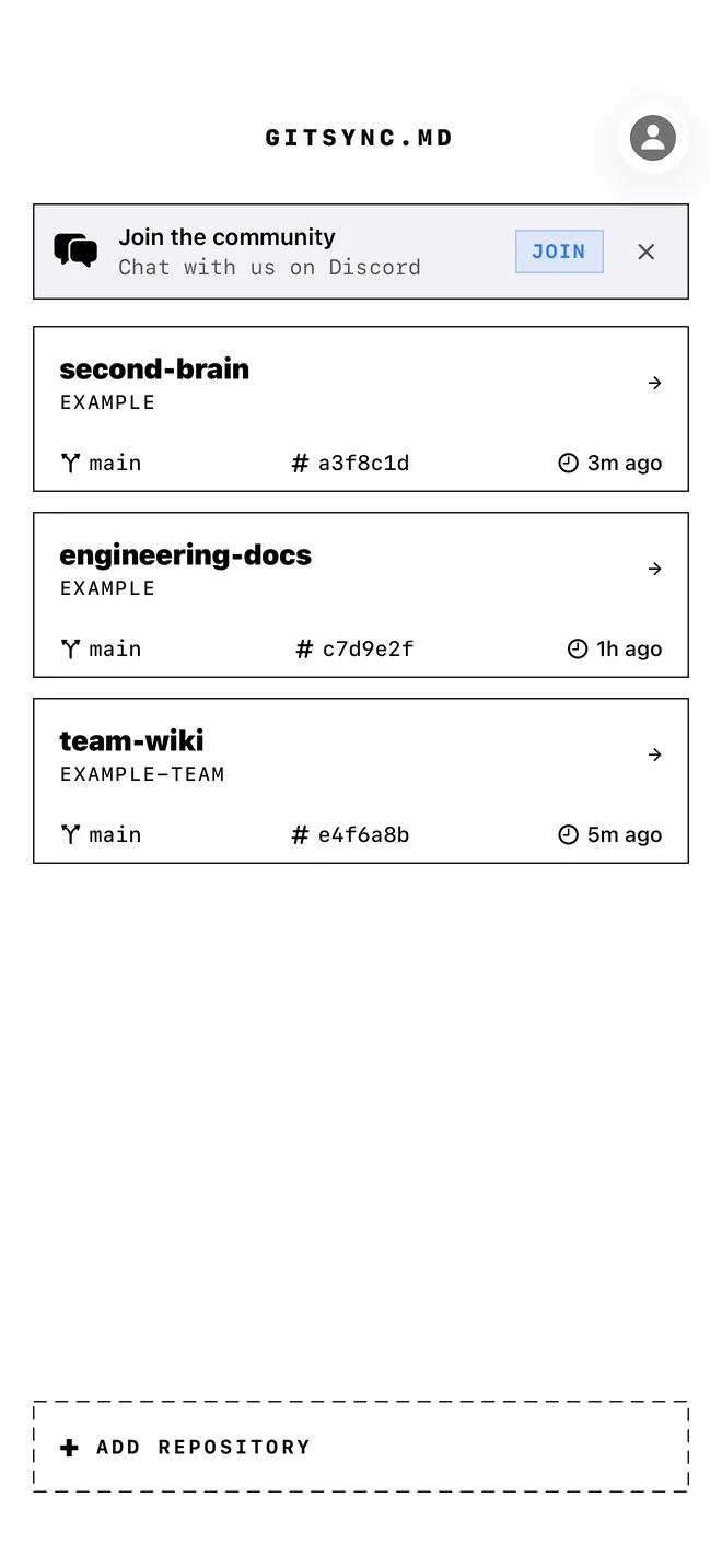 GitSync.md 的 iPhone Git 仓库列表，界面语言为英语