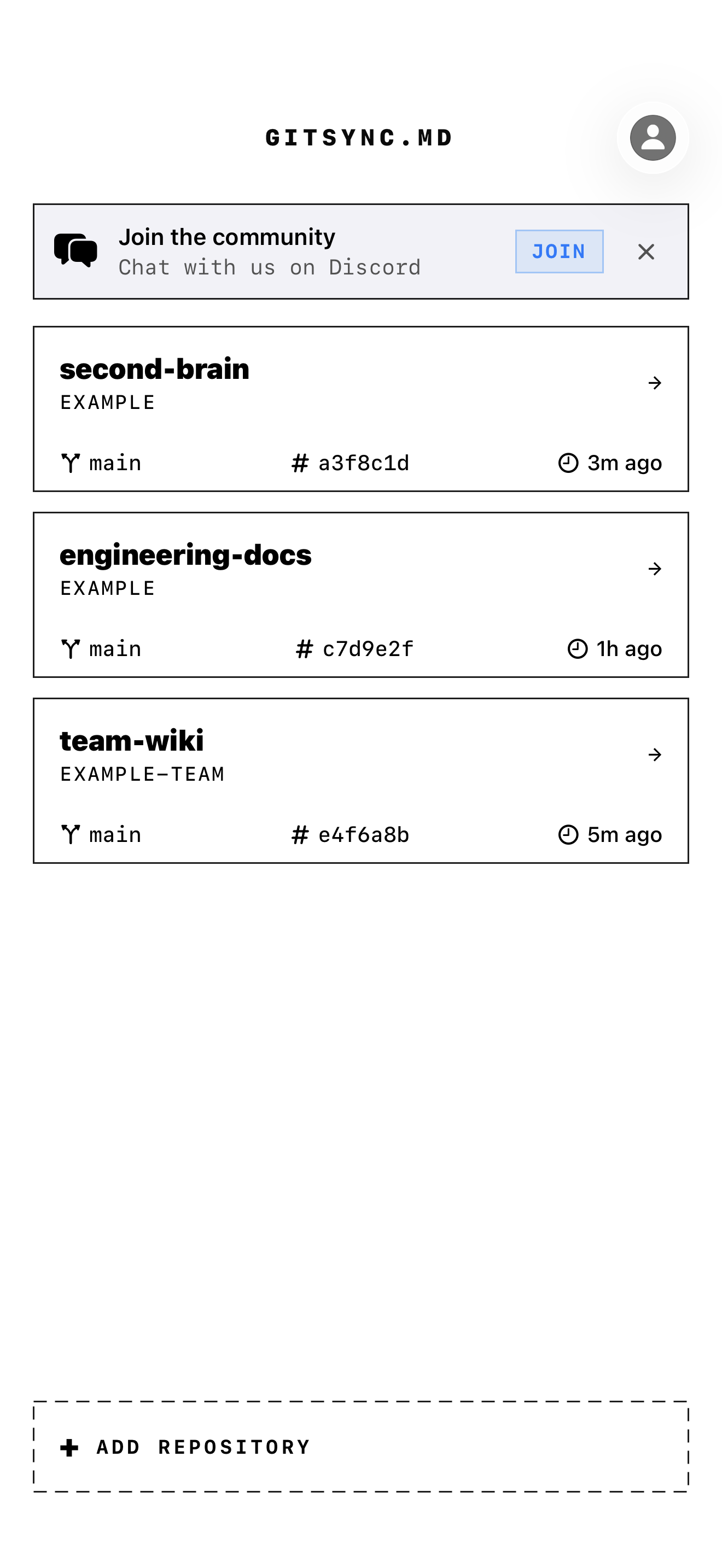 GitSync.md repository list with three example repositories and their branch and commit details